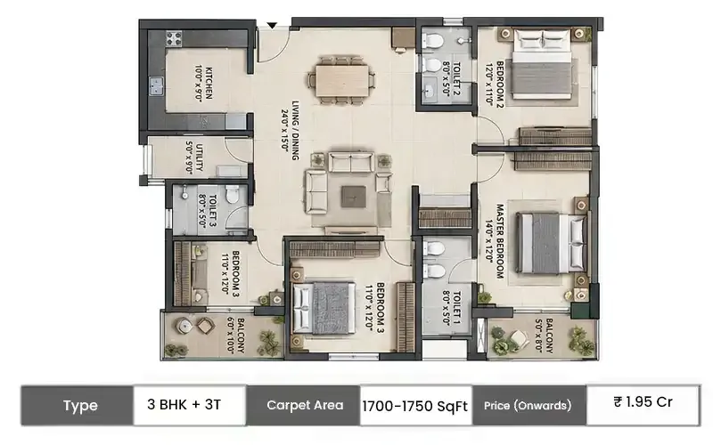 Urbanrise The Living Wave 3 BHK + 3T floor plan, 1700 sq ft saleable area